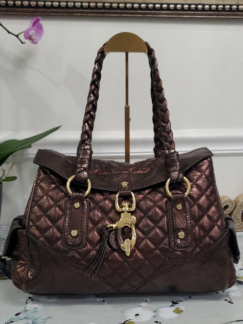 Francesco Biasia Metallic Broze Quilted Shoulder/Handbag Satchel🤎